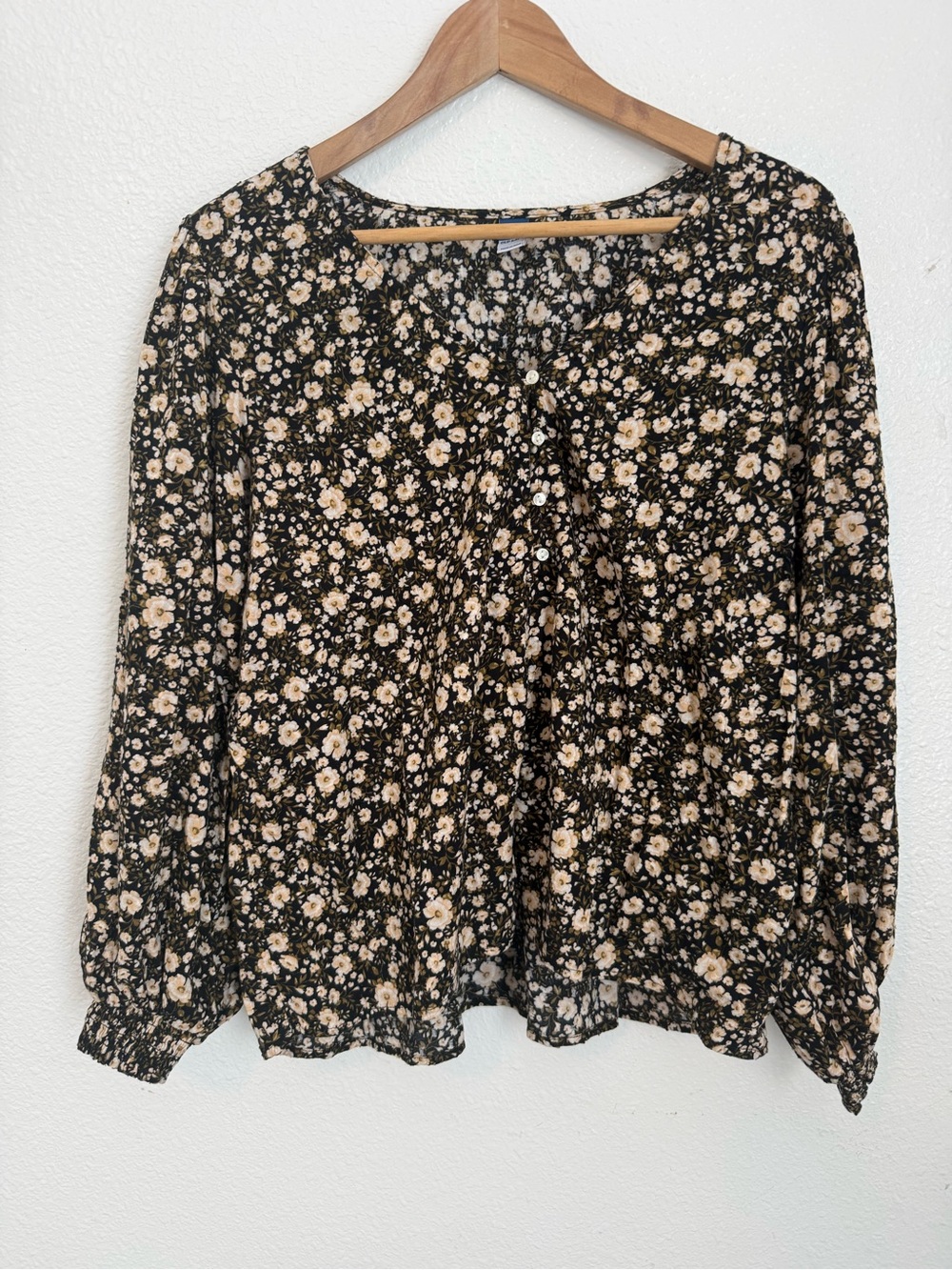 Old Navy Black Blouse with Cream Floral Pattern